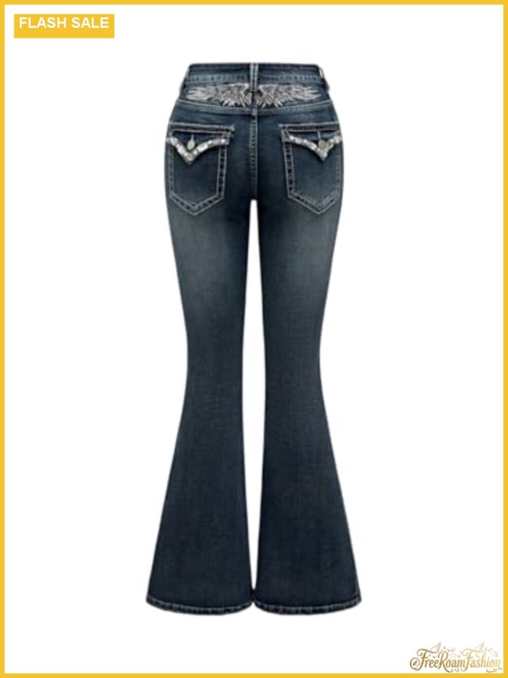 Gothic Punk Rhinestone Embroidered Flare Jeans Low Rise Stretchy Denim Pants